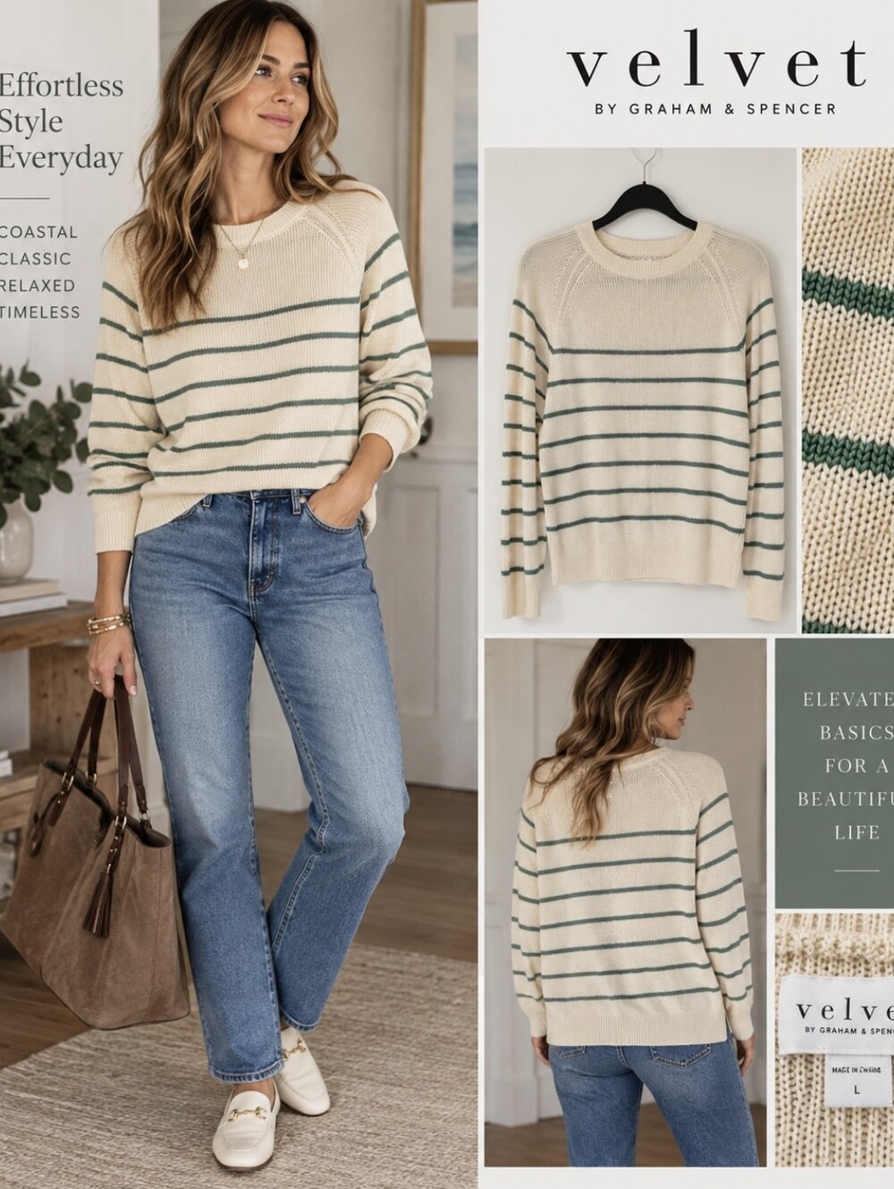 NWT Velvet by Graham & Spencer Striped Cotton Sweater Cream Green L